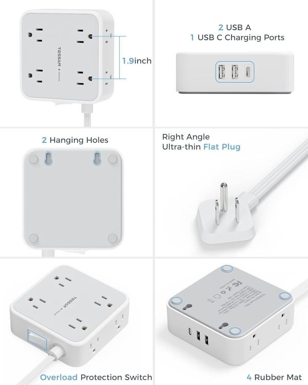 Surge Protector Flat Extension Cord Flat Plug Power Strip, 8 AC Outlets, 3 USB Charger(1 USB C Port) 3-Sided Outlet Extender, 5 Ft, 900 Joules Protection, Office Supplies, Dorm Room Essentials, Grey