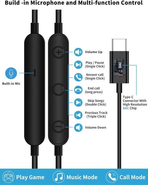 USB C Headphone for Samsung S23 FE S22 S21 S20 A53 A54 Wired Earbuds Magnetic in-Ear Type C Earphone with Microphone Volume Control Bass Stereo Noise Canceling for iPhone 15 Pro Max Pixel 6 6a 7a 8 5