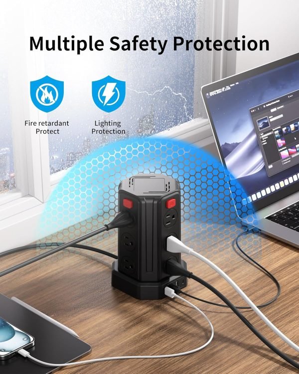 Power Strip Surge Protector, 10 Ft Extension Cord with 12 AC Multiple Outlets 4 USB (1 USB C), SMALLRT Power Tower Desktop Charging Station (Black, 6.5 FT)